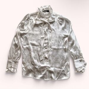 Zara Cream Ivory Satin Bow Buttoned Up Blouse